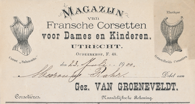 711165 Kop van een nota van de Gez. van Groeneveldt, Magazijn van Fransche Corsetten voor Dames en Kinderen, Oudkerkhof ...